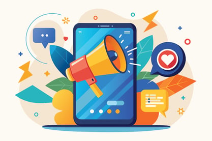 Illustrated mobile marketing guide showing a smartphone with a megaphone and social engagement icons.