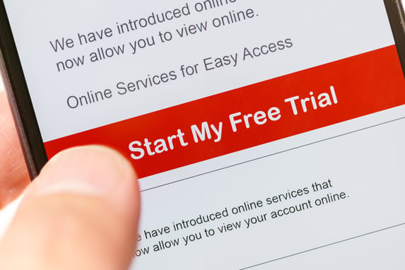 Close-up of start free trial button driving conversions from content marketing efforts.