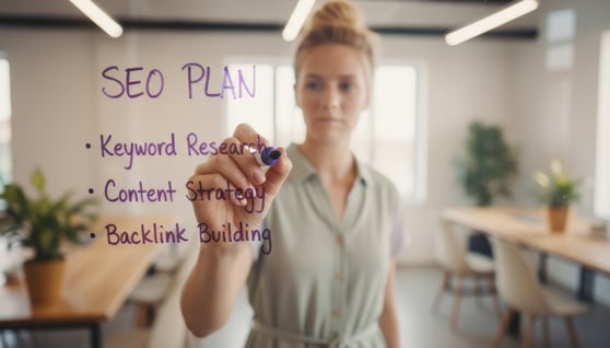 Woman writing an SEO plan on a glass board, listing keyword research, content strategy, and backlink building.
