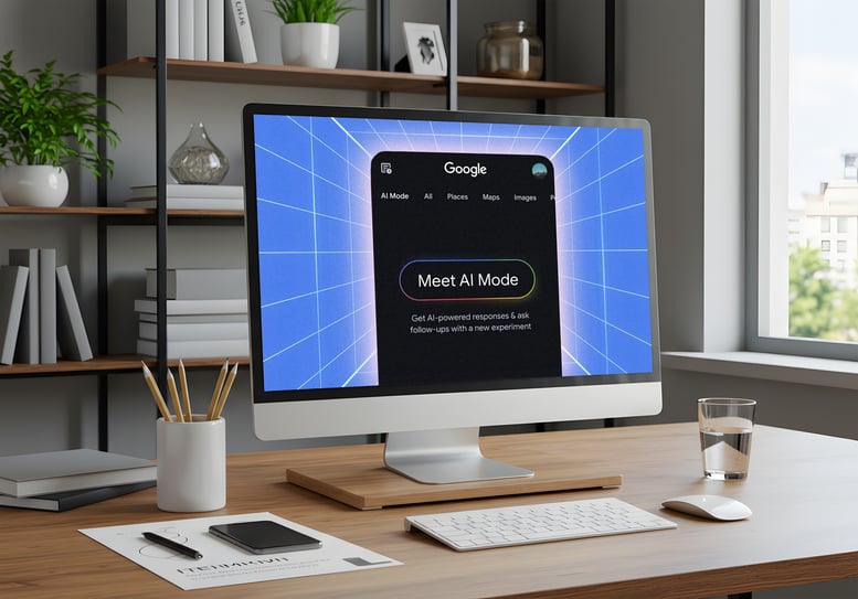 Desktop monitor showing Google AI Mode on a search screen in a modern office.