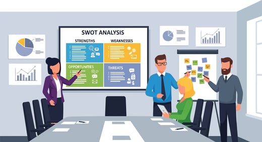 Team members in a meeting discussing a SWOT analysis to identify AI-powered lead generation opportunities.