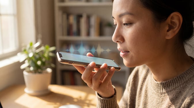 User speaking into smartphone using voice interface for AI-powered search and interaction