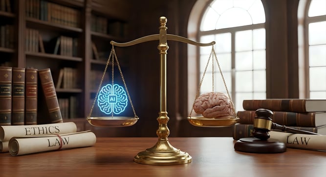 Scales balancing an AI icon and a human brain in a law library, representing AI ethics and governance.