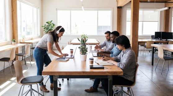 Small team collaborating around wooden table in modern office space with natural light