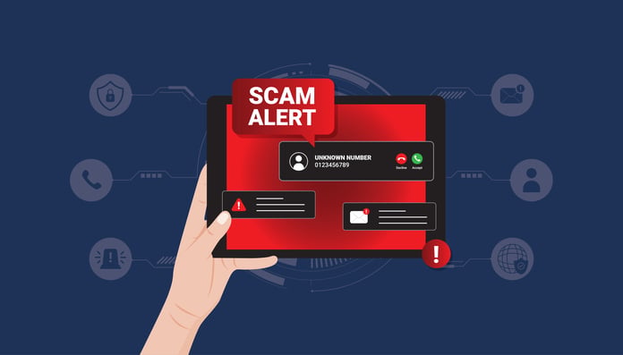 AI-powered fraud detection alert on a mobile device showing a scam warning in banking.