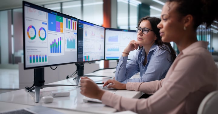 Marketing team reviewing analytics dashboards and campaign performance data.