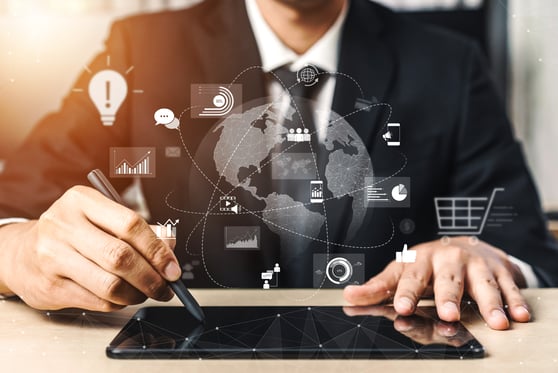 Digital PR planning on a tablet with media, analytics, and online visibility icons.