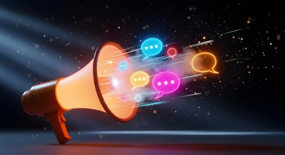Megaphone with speech bubbles representing digital PR outreach and online brand mentions.