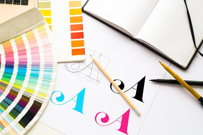 Brand design workspace with color swatches, logo sketches, typography, and drawing tools.