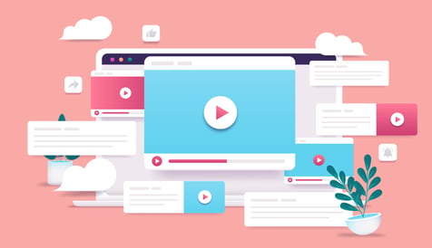 Illustration of digital videos and icons representing how to use video marketing for blog engagement.
