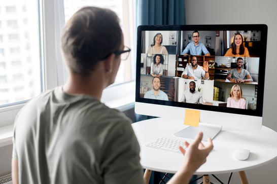 Virtual meeting on desktop, highlighting webinar and video content engagement.