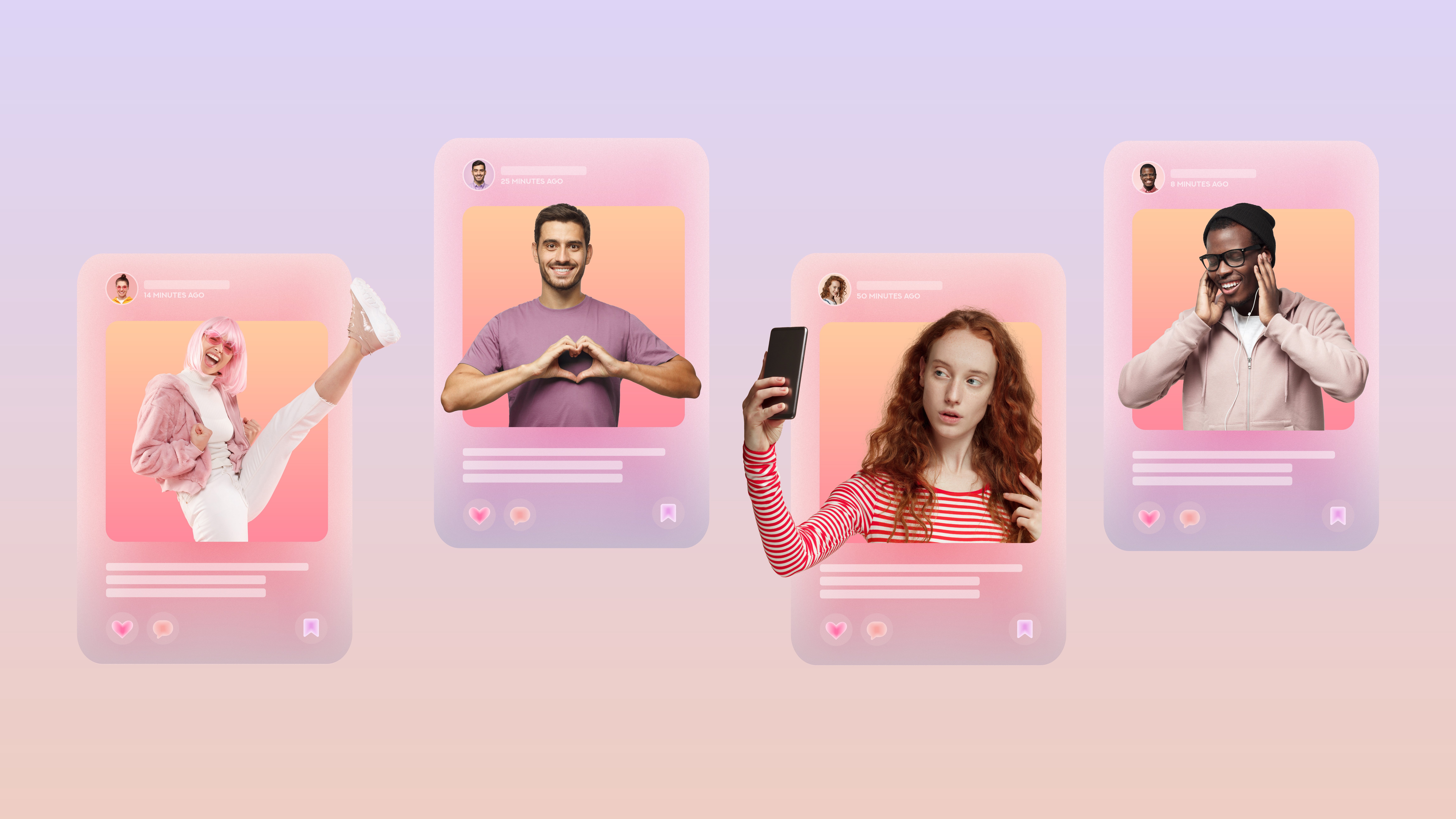 Social media content ideas featuring happy individuals engaging with posts on mobile devices.