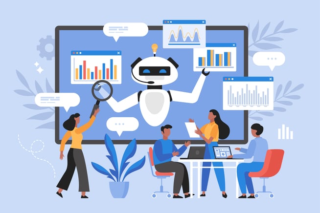 AI-powered marketing team collaborating with automation tools and data dashboards.