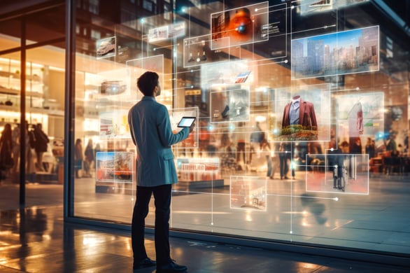 Person viewing digital product displays in a storefront, illustrating AI-powered retail personalization and analytics.