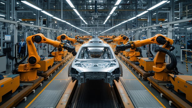 Automotive factory line with robotic arms around a car, showing AI-driven automation in manufacturing.