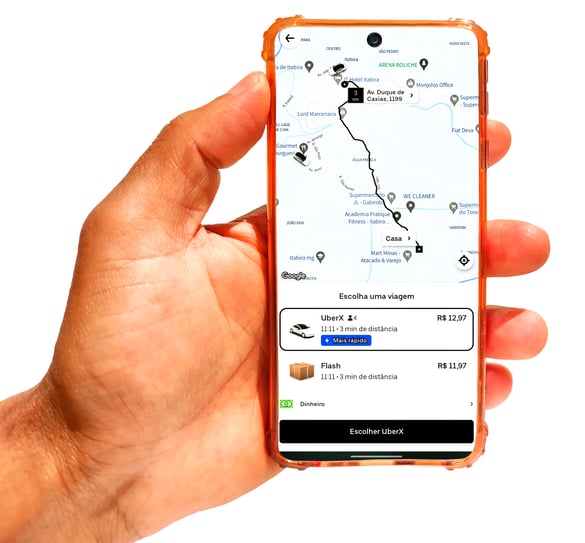 Smartphone displaying a ride-sharing app route and fare options on a map.