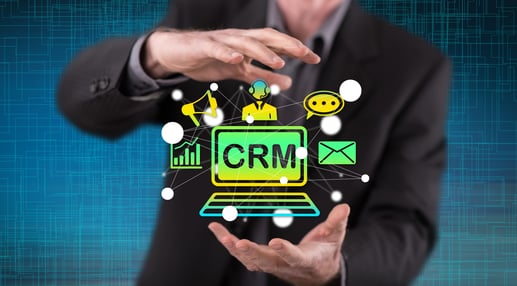 Businessman presenting digital CRM concept, symbolizing the power of CRM connecting customer data and communications.