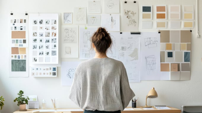 Person reviews brand identity sketches, color palettes, and visual concepts on a wall.