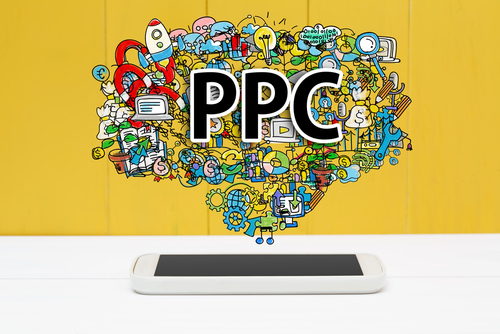 Creative illustration of PPC showing icons and symbols related to paid search tactics for online advertising success.