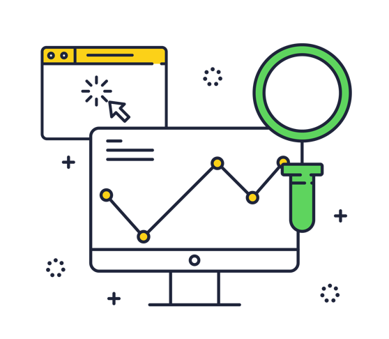Magnifying glass analyzing website performance data on a computer screen with charts and analytics dashboard.
