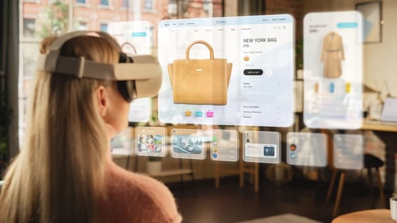 Woman Using Virtual Reality Headset to Shop Online from Home, Illustrating Web3 Marketing