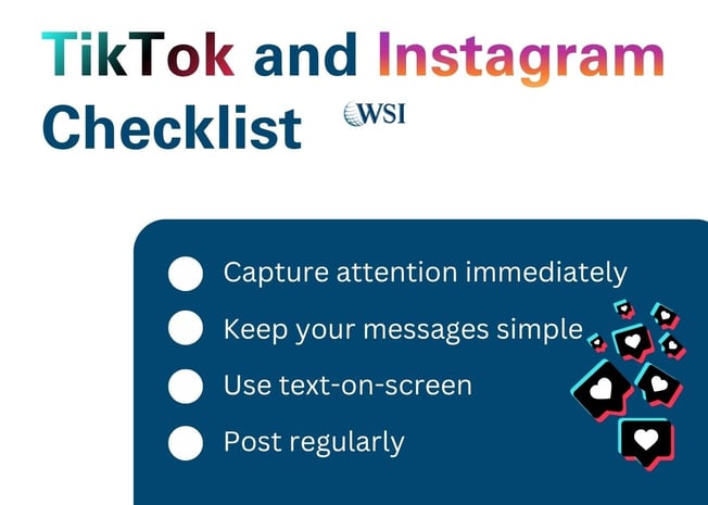 TikTok and Instagram checklist highlighting attention, simple messaging, text use, and posting frequency.