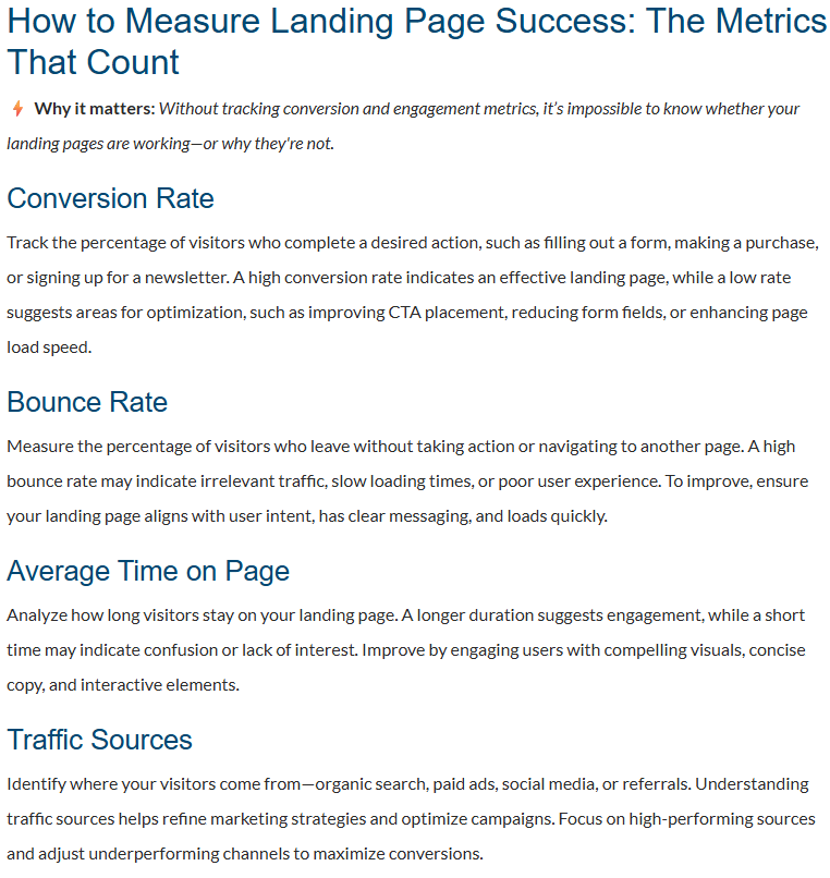 Example of structured content with clear headings explaining landing page metrics.