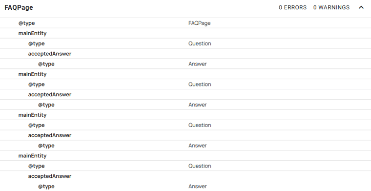 FAQ structured data markup showing questions and accepted answers for search and AI understanding.