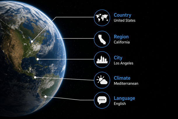 Geographic segmentation example showing country, region, city, climate, and language targeting.