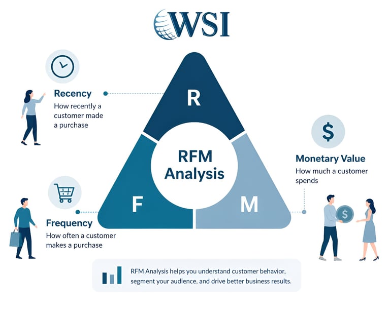 RFM analysis model showing recency, frequency, and monetary value for customer segmentation.