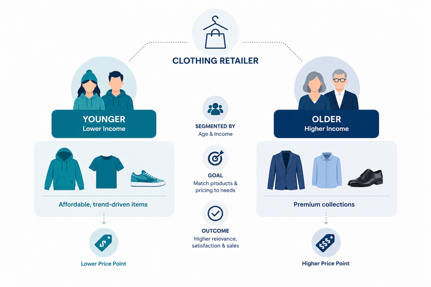 Retail segmentation by age and income to match products, pricing, and customer needs.