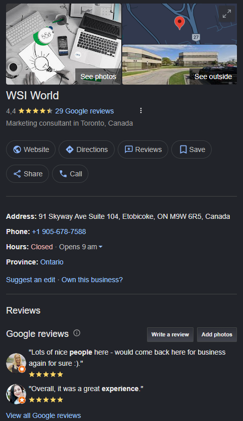WSI World Google Business Profile showing reviews, contact details, and business information.