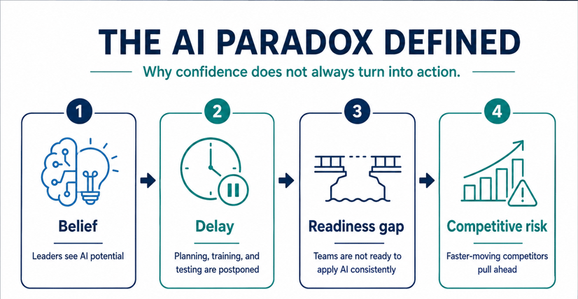 AI adoption paradox diagram showing belief, delay, readiness gap, and competitive risk.