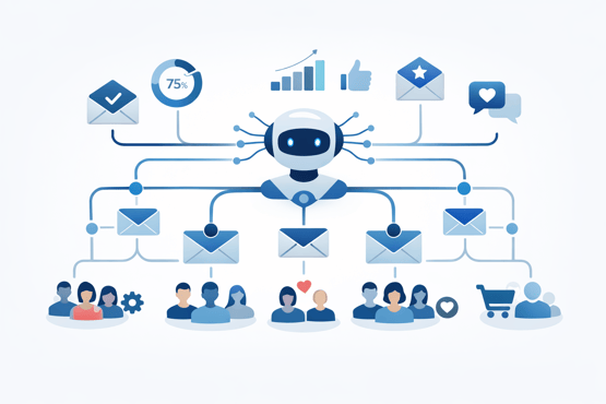 AI email automation system delivering personalized marketing messages to segmented audiences.