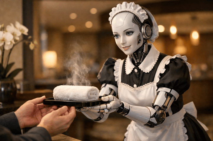 AI robot delivering fresh towels in a hotel, enhancing automated guest service experience.