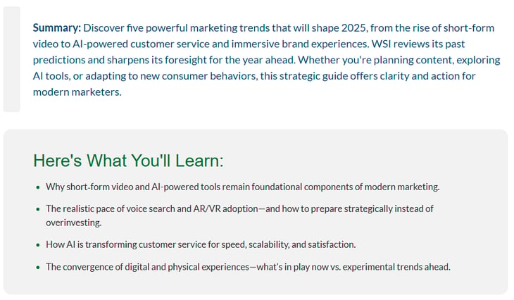 Blog summary section outlining five marketing trends shaping 2025 with key learning points.
