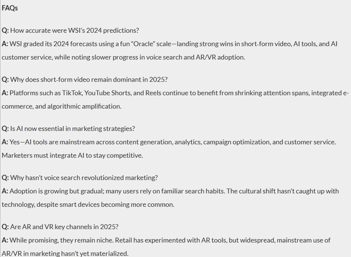 FAQ section answering marketing strategy questions about AI, voice search, and short form video in 2025.