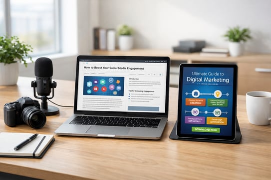 Digital marketing tools on a laptop and tablet, showing social media and content strategy planning.