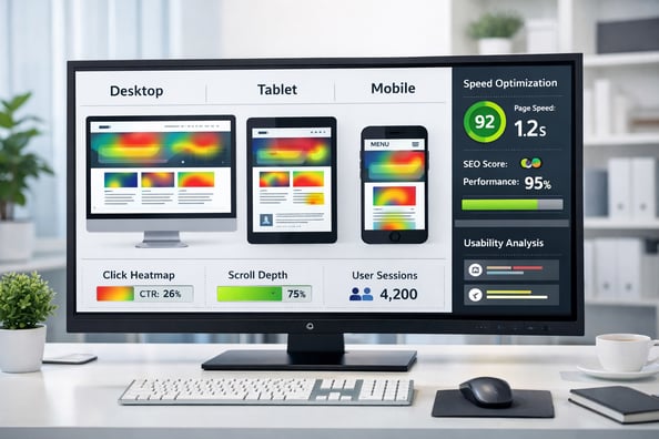 Website performance dashboard showing heatmaps, SEO score, speed, and multi-device optimization.