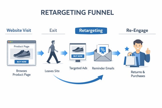 Retargeting funnel diagram showing website visit, exit, ads, email reminders, and purchase return.