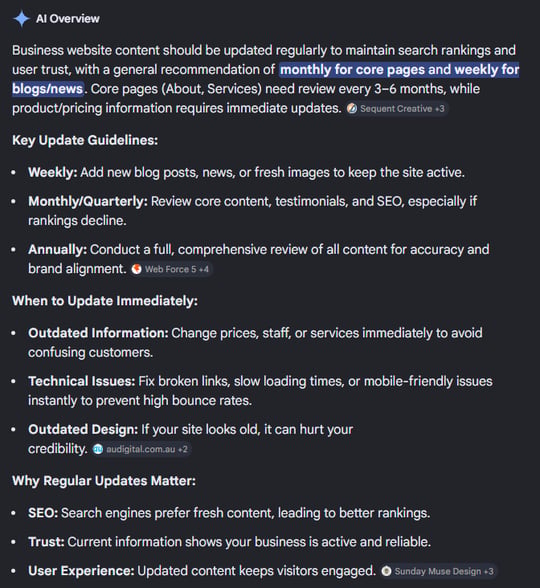AI Overview section displaying structured website update best practices and SEO recommendations.