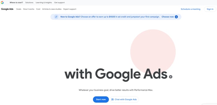 Google Ads homepage highlighting performance-focused advertising to drive business growth.