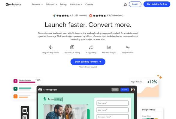 Unbounce landing page builder showing conversion tools like A/B testing and AI optimization.