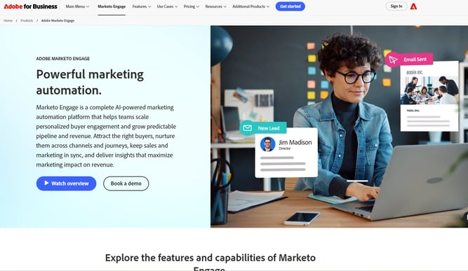 Adobe Marketo Engage page featuring marketing automation for lead management and personalized journeys.
