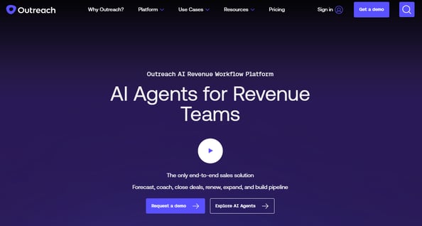 Outreach AI revenue workflow platform hero highlighting AI agents for revenue and sales teams.
