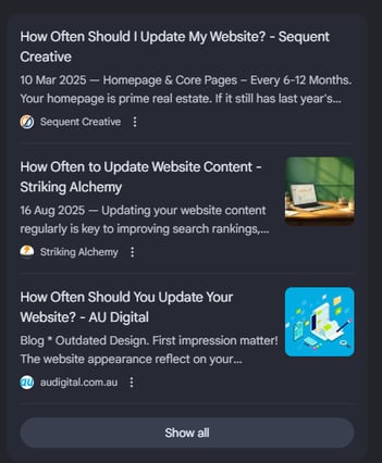 Google search results panel listing website update frequency articles and sources.