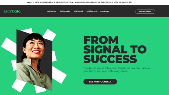 LeanData homepage messaging about turning buyer signals into action to accelerate revenue.