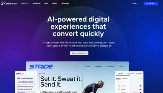 Optimizely digital experience platform hero focused on AI-powered personalization and conversion testing.