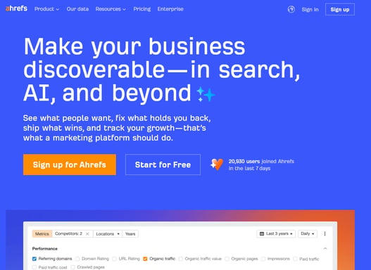 Ahrefs SEO platform homepage promoting search visibility, keyword research, and site performance tracking.
