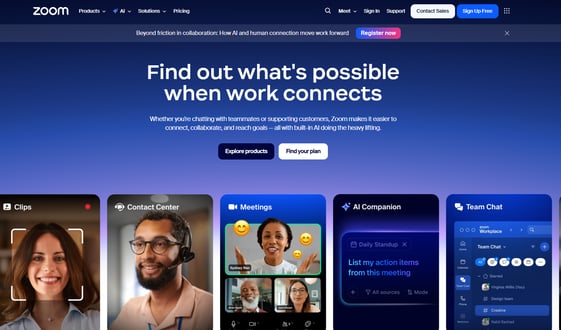 Zoom platform page showcasing Meetings, Team Chat, and AI Companion for collaboration and communication.